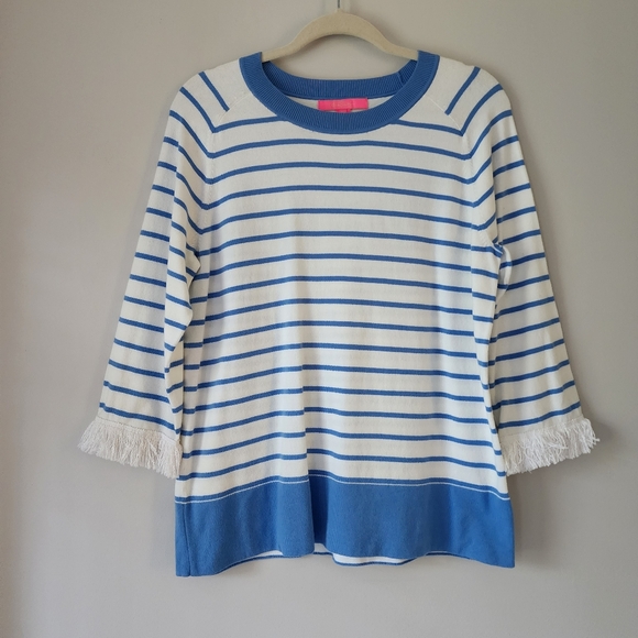 Lilly Pulitzer Dasha Striped Fringed Sweater Blue White Size Large - Picture 2 of 8